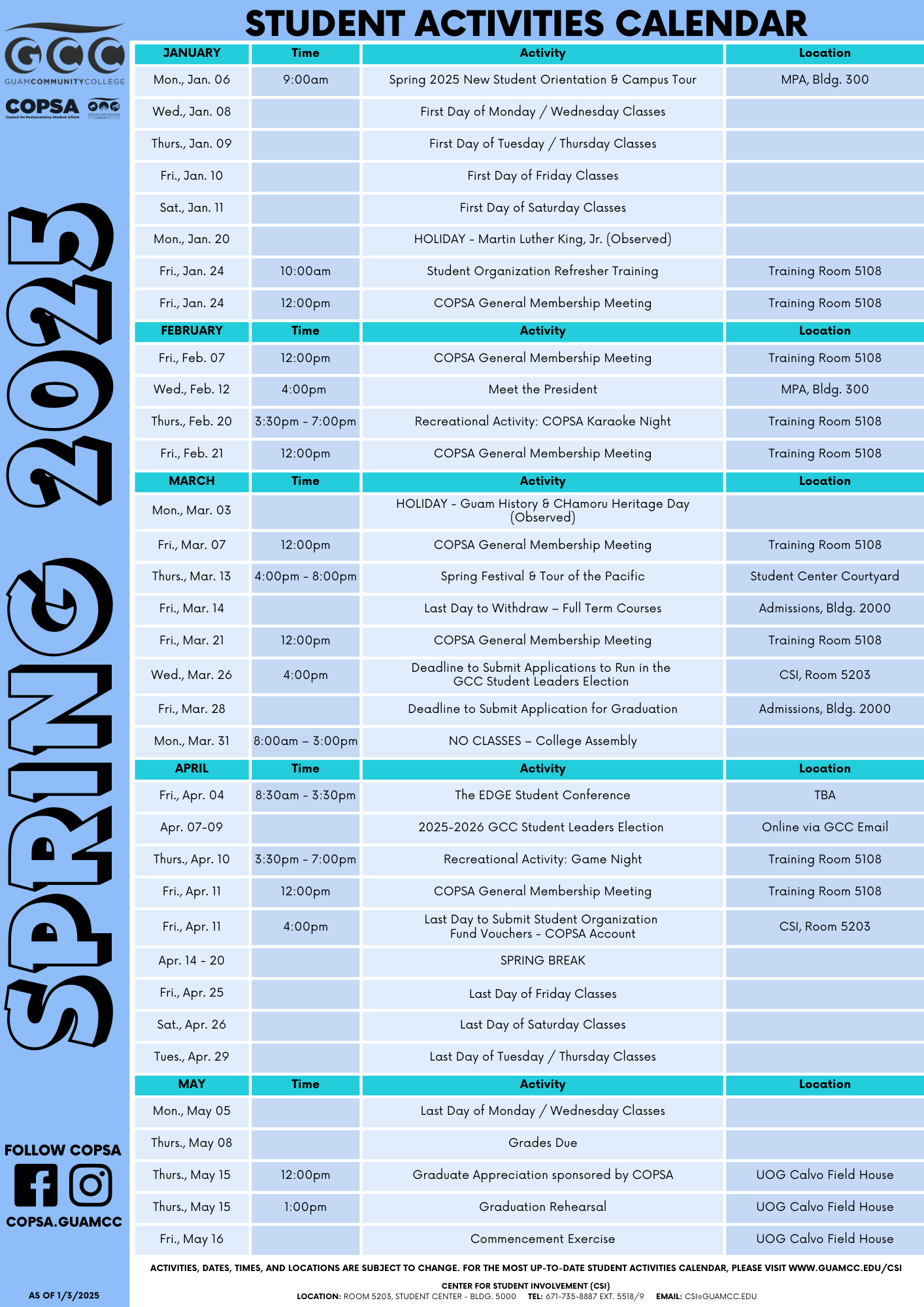 SP25 Student Activities Calendar